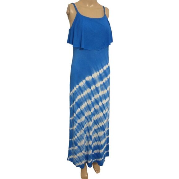 Y2K Maxi Dress Sz SP Studs Blue White Striped Jersey Knit Hippie Boho Nautical - Picture 12 of 16